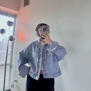 Zara Oversized Crop Denim Jacket Washed Lavender Purple S/M